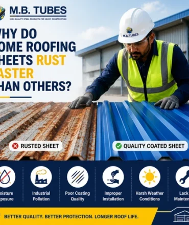 Real construction worker comparing a rusted roofing sheet with a premium blue Colour Coated Profile Sheet at an industrial facility.
