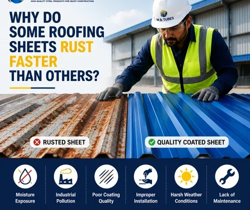 Real construction worker comparing a rusted roofing sheet with a premium blue Colour Coated Profile Sheet at an industrial facility.