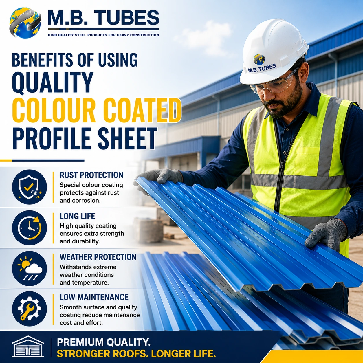 Construction worker inspecting a premium Colour Coated Profile Sheet at an industrial building showing benefits of quality roofing sheets.