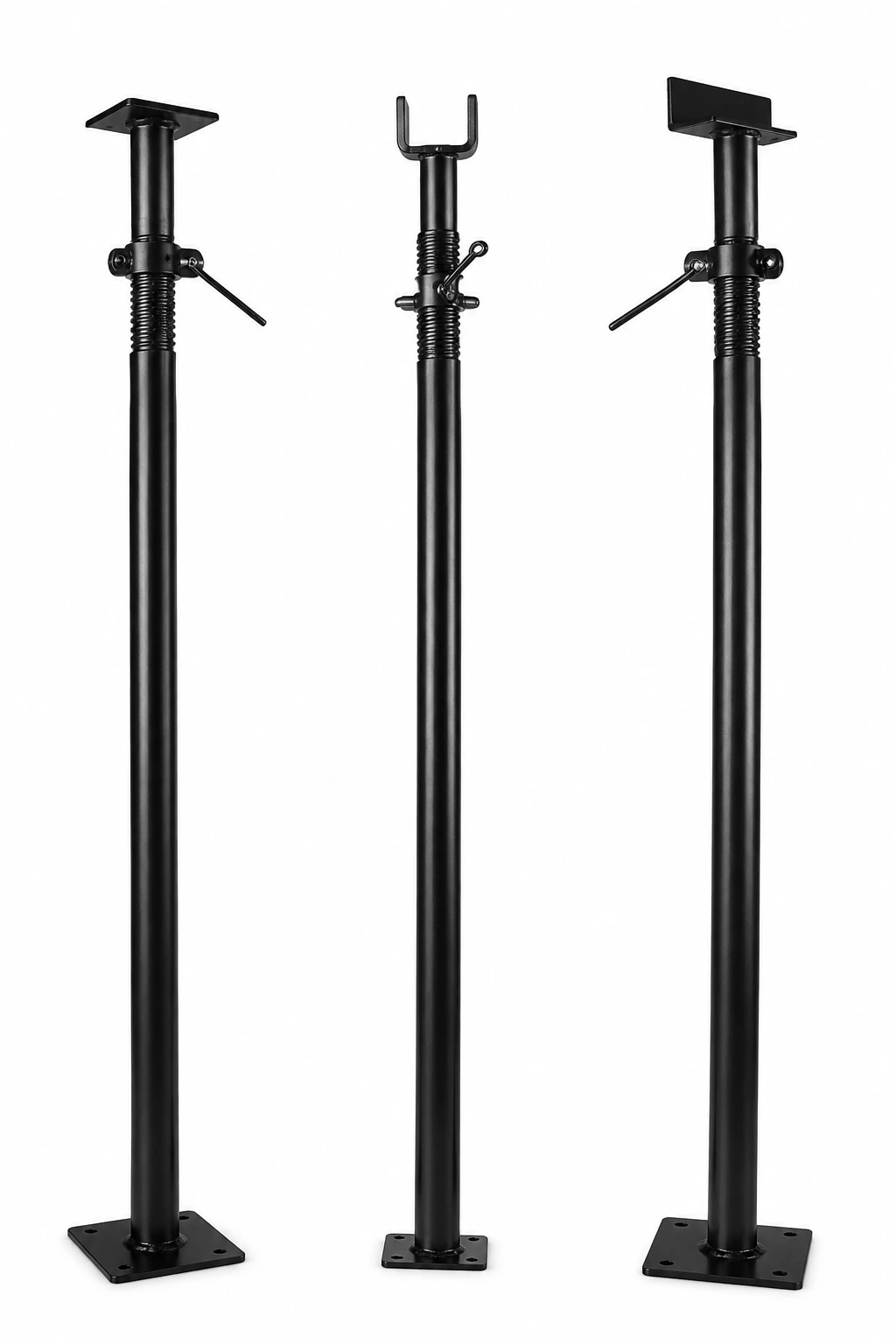 Premium adjustable steel prop jacks with U-head, flat head, and base plate for slab shuttering and construction support systems.