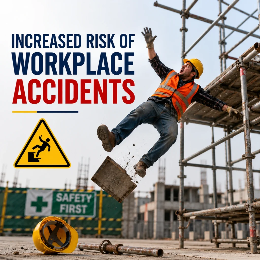 Construction worker losing balance on unsafe scaffolding at a construction site highlighting the increased risk of workplace accidents.