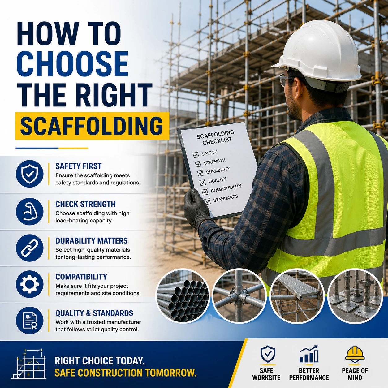 Engineer inspecting a modern MS scaffolding system using a safety checklist at a construction site.