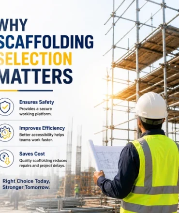 Construction engineer inspecting scaffolding at a construction site, highlighting why selecting quality MS scaffolding is important for safety and project success.