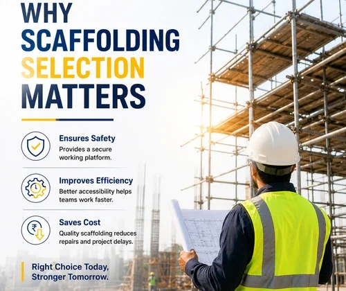 Construction engineer inspecting scaffolding at a construction site, highlighting why selecting quality MS scaffolding is important for safety and project success.