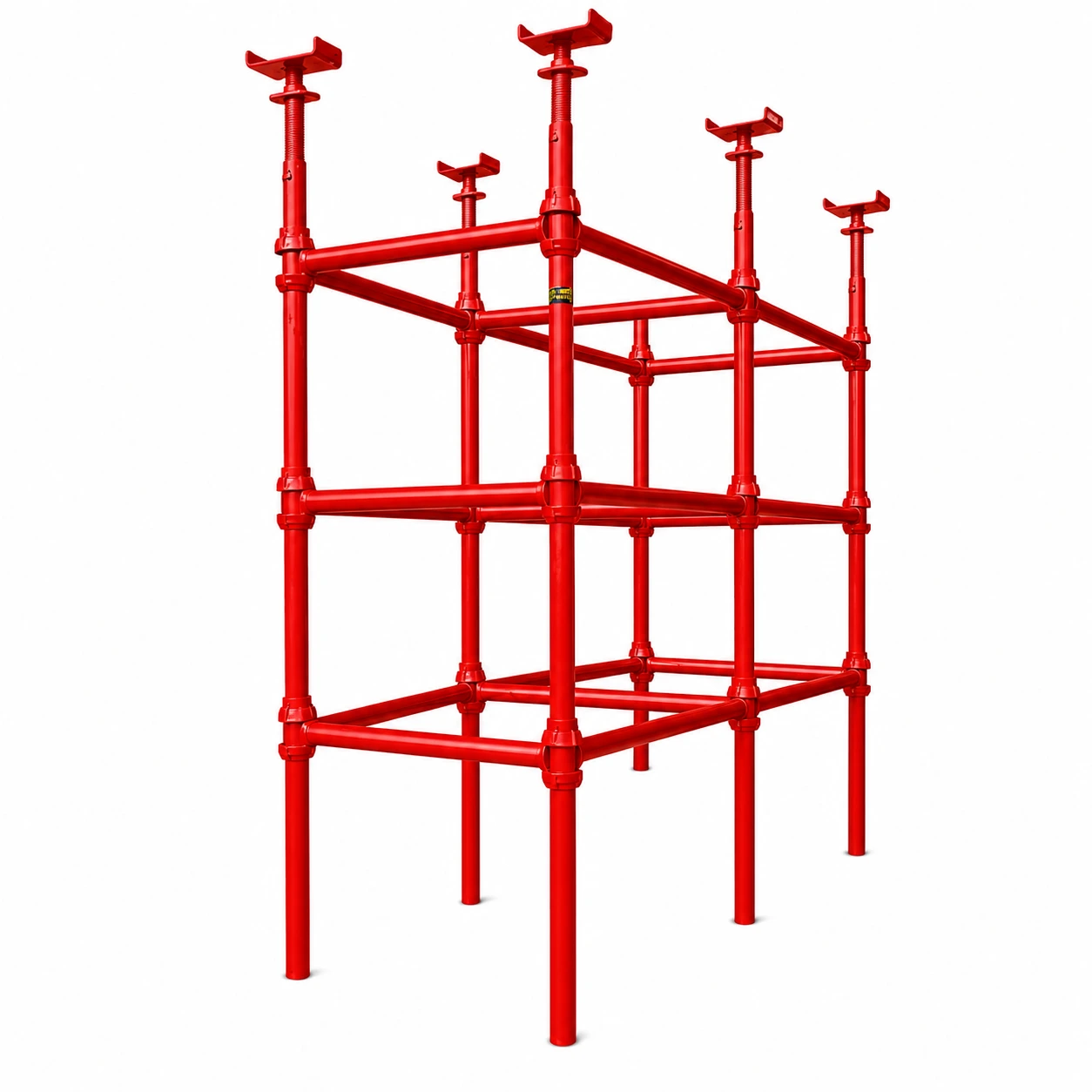 Premium red steel Cuplock scaffolding system isolated on a white background for construction and industrial applications.