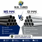 Comparison of MS Pipe and GI Pipe showing their key features, applications, durability, corrosion resistance, and strength for industrial and construction projects by M.B. Tubes.