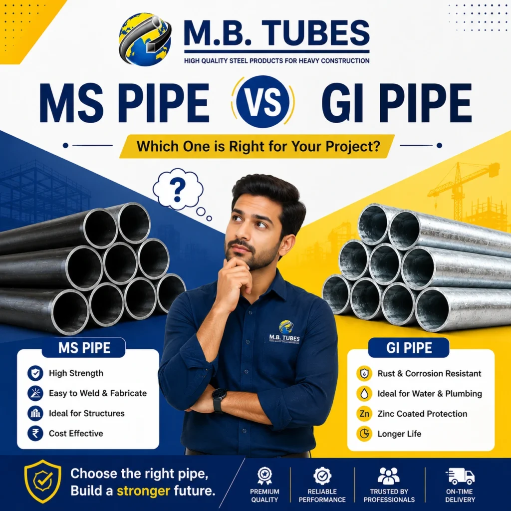 MS Pipe vs GI Pipe comparison with construction engineer showing the difference between Mild Steel Pipe and Galvanized Iron Pipe for industrial and structural applications.