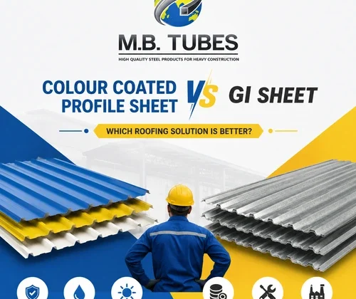 Colour Coated Profile Sheet vs GI Sheet comparison for industrial roofing showing coated roofing sheets, GI sheets, and a construction engineer.