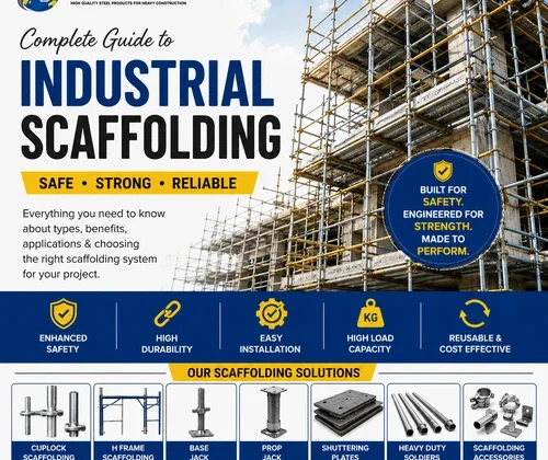 Industrial scaffolding system with Cuplock Scaffolding, H Frame Scaffolding, Base Jack, Prop Jack, and construction site by a Scaffolding Manufacturer in Madhya Pradesh.