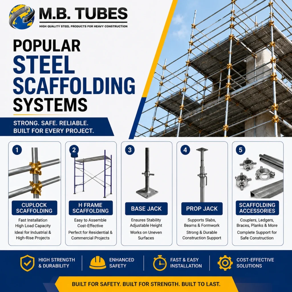 Popular Steel Scaffolding Systems including Cuplock Scaffolding, H Frame Scaffolding, Base Jack, Prop Jack, and Scaffolding Accessories by M.B. Tubes.