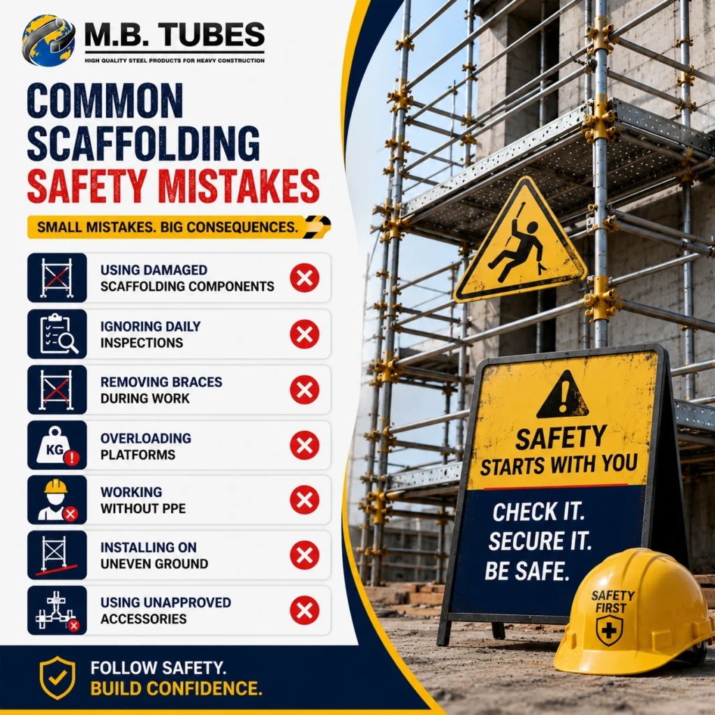 Common Scaffolding Safety Mistakes infographic showing unsafe construction practices, warning signs, steel scaffolding, and safety helmet by M.B. Tubes.