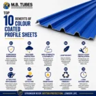 Blue Colour Coated Profile Sheet highlighting the top 10 benefits including corrosion resistance, weather protection, durability, lightweight design, and long service life for industrial roofing.