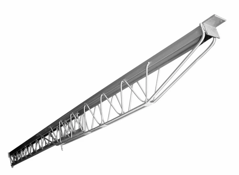 Single galvanized steel truss span with triangular reinforcement structure and end brackets isolated on a white background.