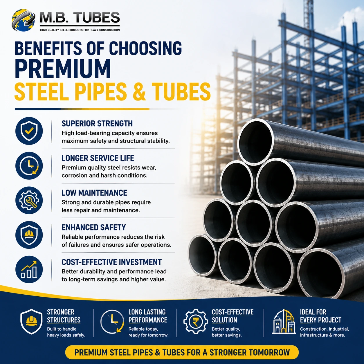 Premium Steel Pipes & Tubes stacked at an industrial construction site showing strength, durability, safety, and long-lasting performance.