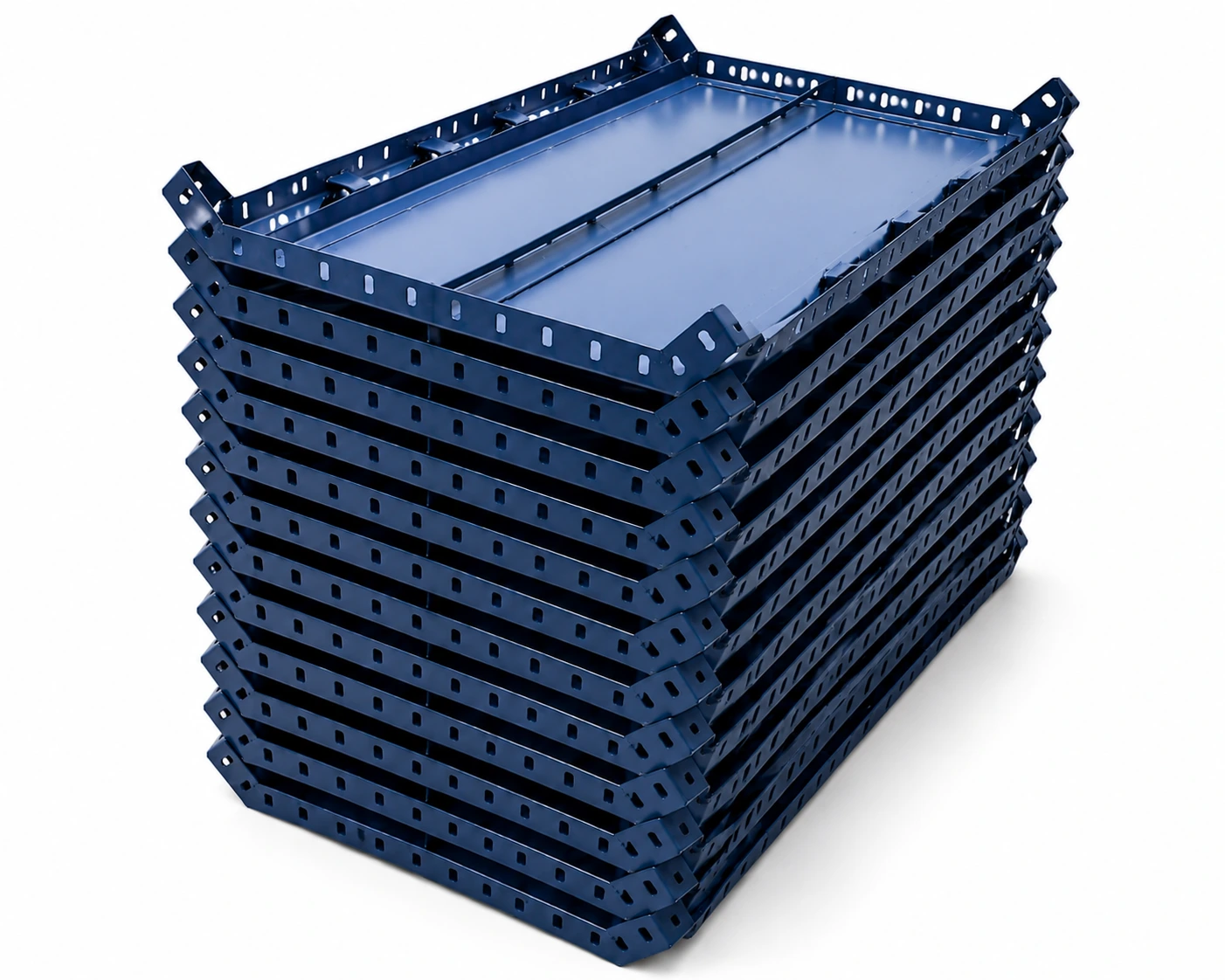 Premium stack of MS shuttering plates with reinforced edges for concrete formwork on a white background.
