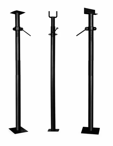 Heavy duty adjustable steel prop jack with different top support heads used for construction slab and formwork support.
