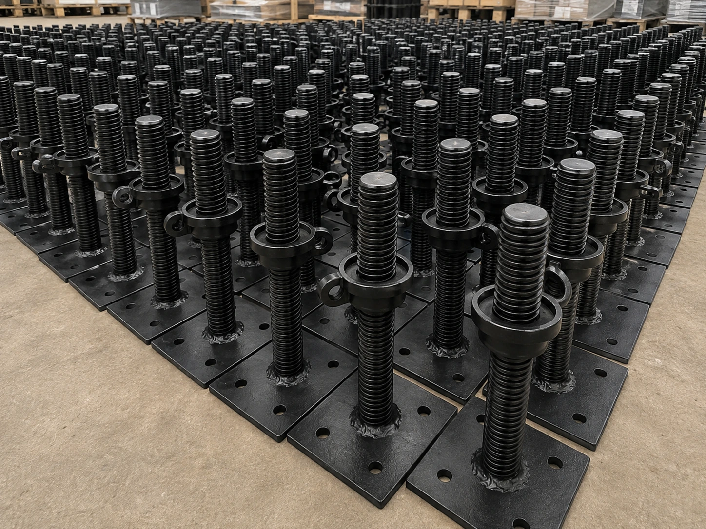 Bulk heavy-duty adjustable base jacks arranged in a warehouse for scaffolding, formwork, and construction support applications.