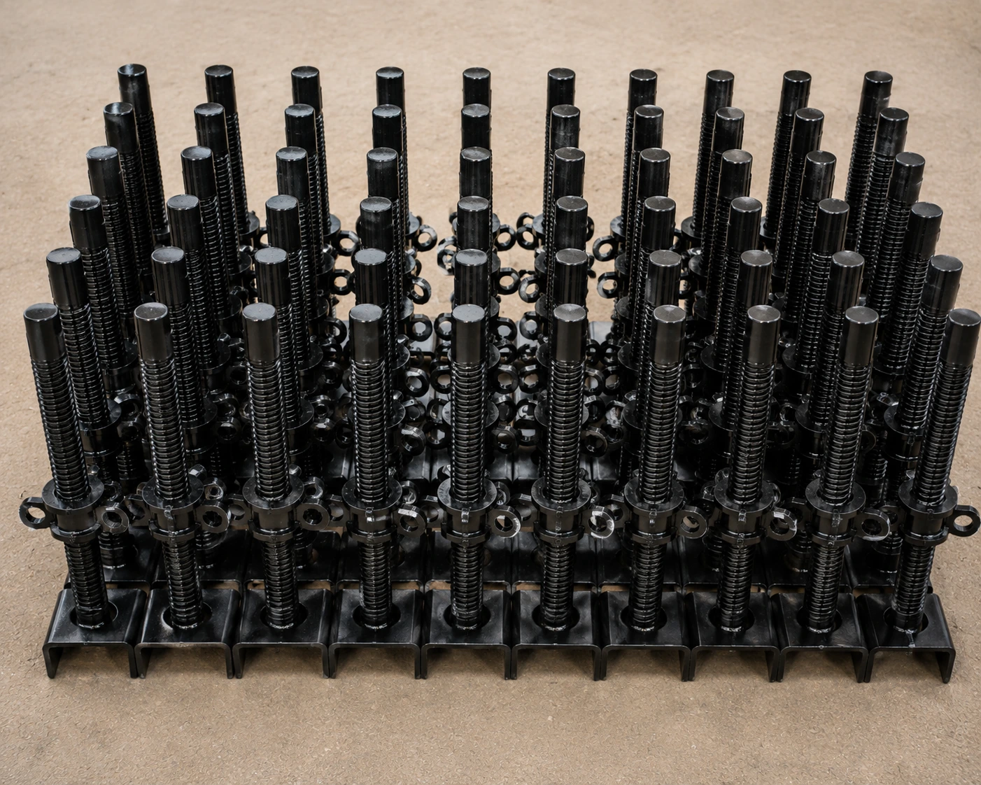 Bulk quantity of heavy duty adjustable steel props arranged in a warehouse for construction support applications
