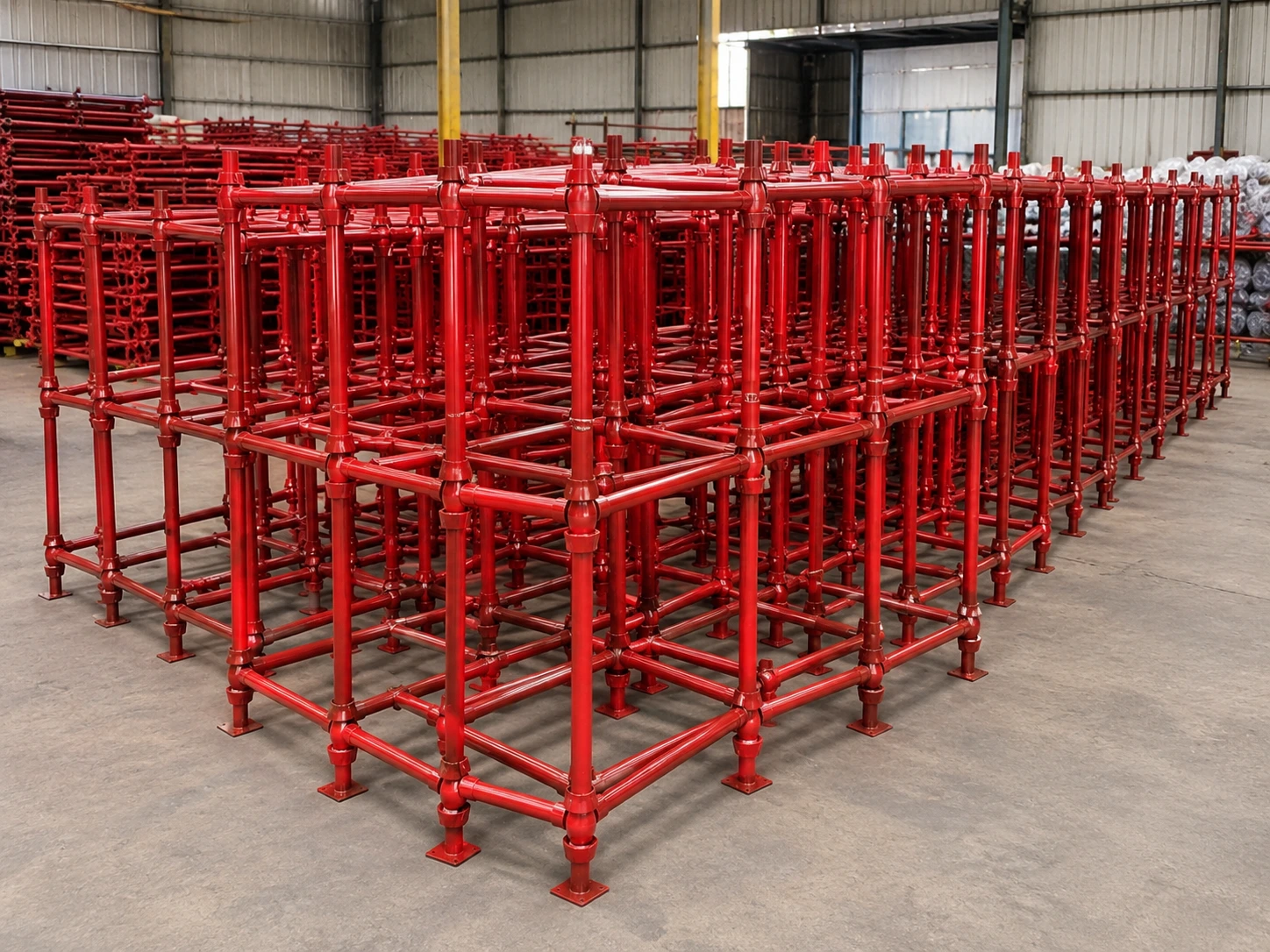 Bulk quantity of red cuplock scaffolding systems neatly arranged in an industrial warehouse for construction and infrastructure projects.
