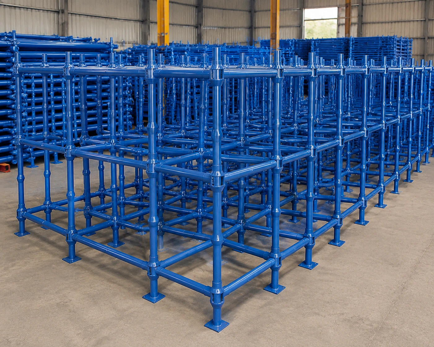 Bulk blue Cuplock Scaffolding System stored in industrial warehouse for construction projects
