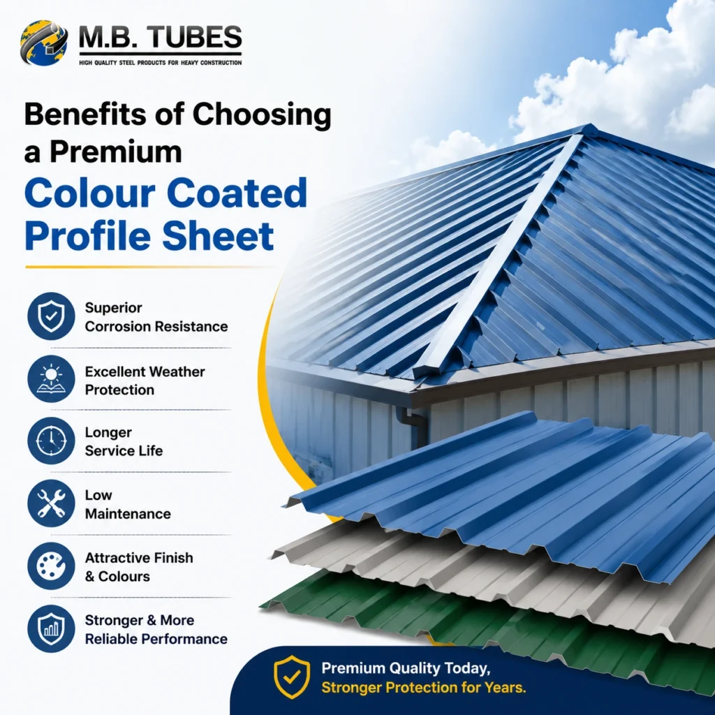 Premium Colour Coated Profile Sheet installed on an industrial building showing durability, corrosion resistance, and long-lasting roofing performance.