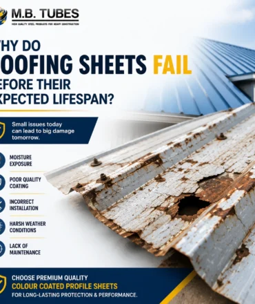 Damaged roofing sheets showing rust and corrosion caused by moisture exposure, poor coating quality, incorrect installation, and harsh weather conditions.