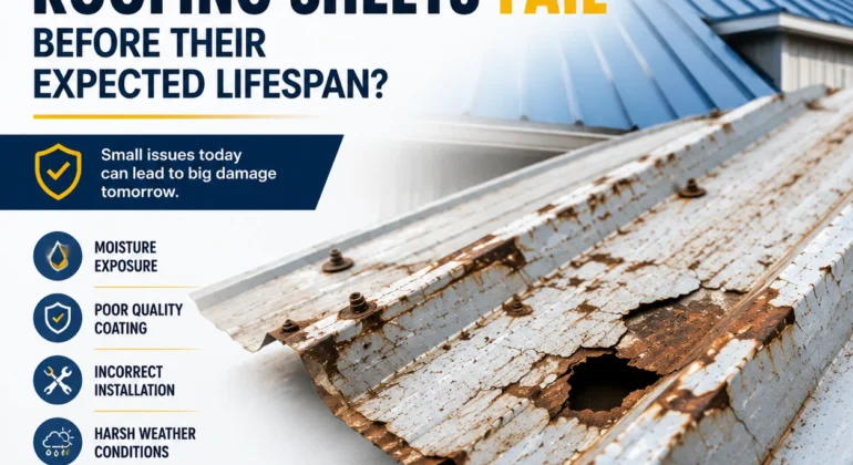 Damaged roofing sheets showing rust and corrosion caused by moisture exposure, poor coating quality, incorrect installation, and harsh weather conditions.