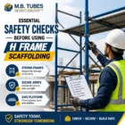 Construction worker inspecting H Frame Scaffolding structure with safety checklist before use at a construction site.