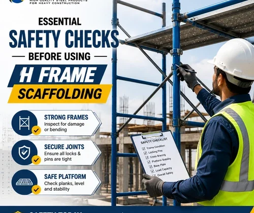 Construction worker inspecting H Frame Scaffolding structure with safety checklist before use at a construction site.