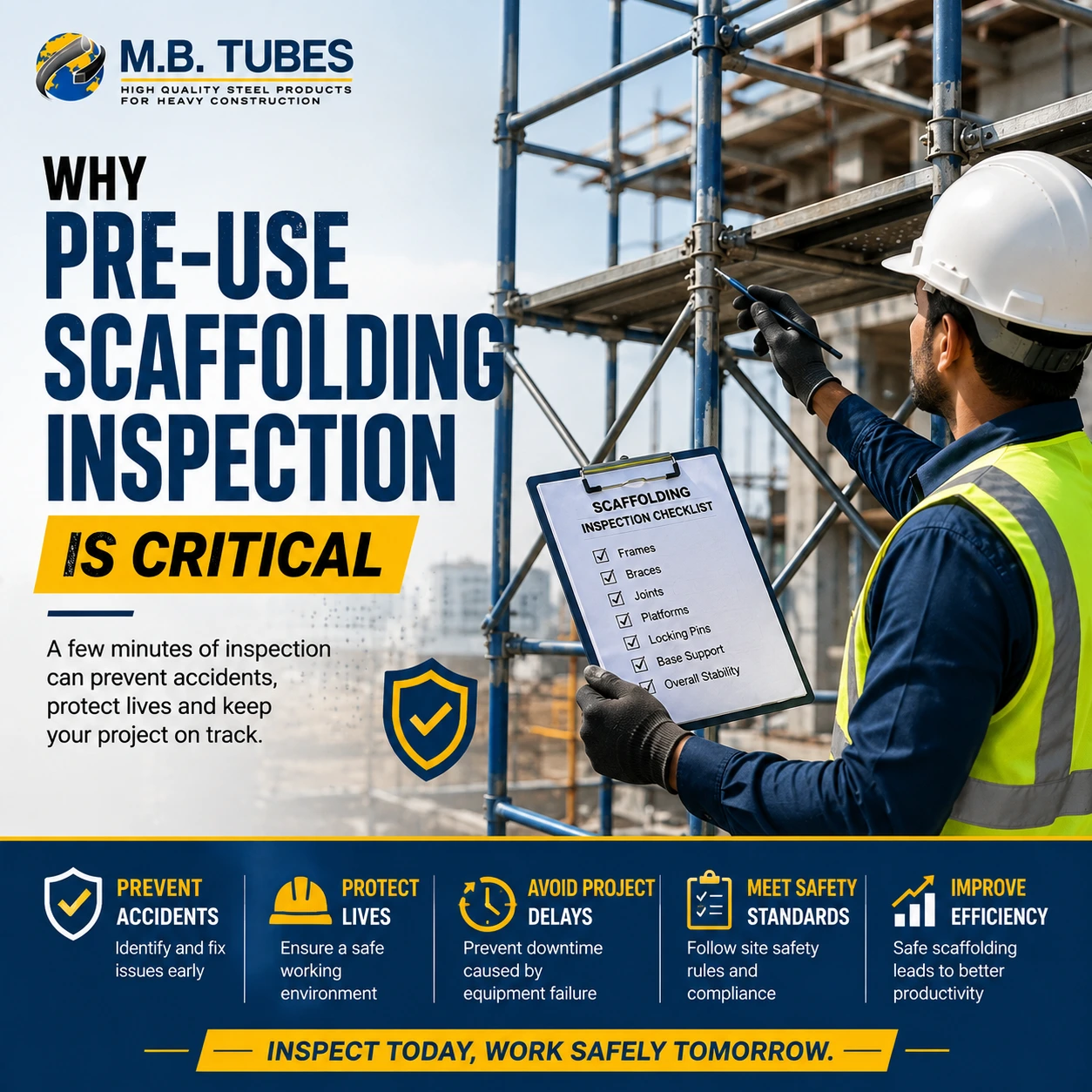 Construction worker inspecting scaffolding joints with a safety checklist before use at a construction site.