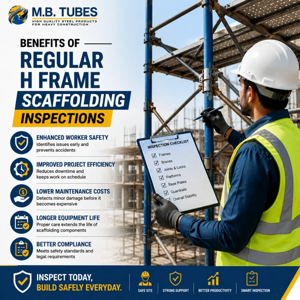 Construction worker performing a regular H Frame scaffolding inspection using a safety checklist at an industrial construction site.