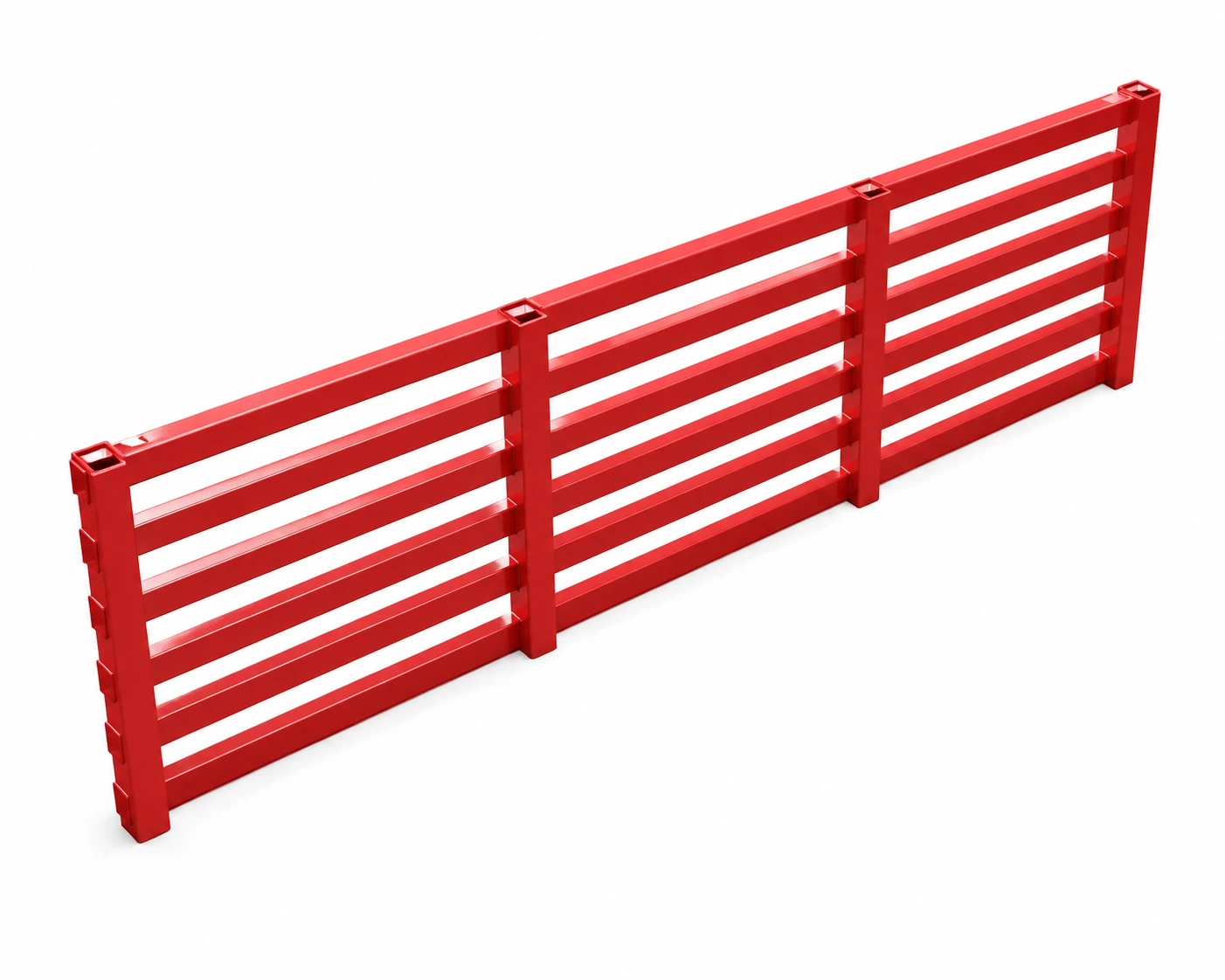 Single red steel scaffolding walkway plank with reinforced frame and horizontal safety bars on white background.