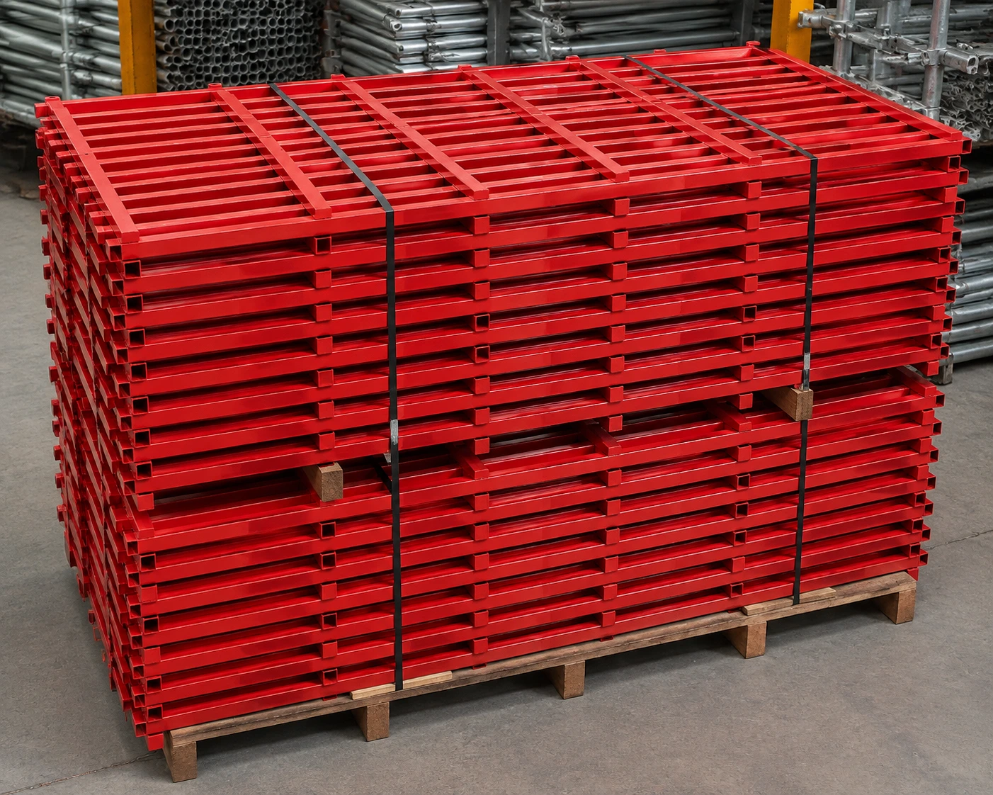 Bulk stack of red powder-coated steel scaffold guard rails neatly bundled on a wooden pallet inside an industrial warehouse.