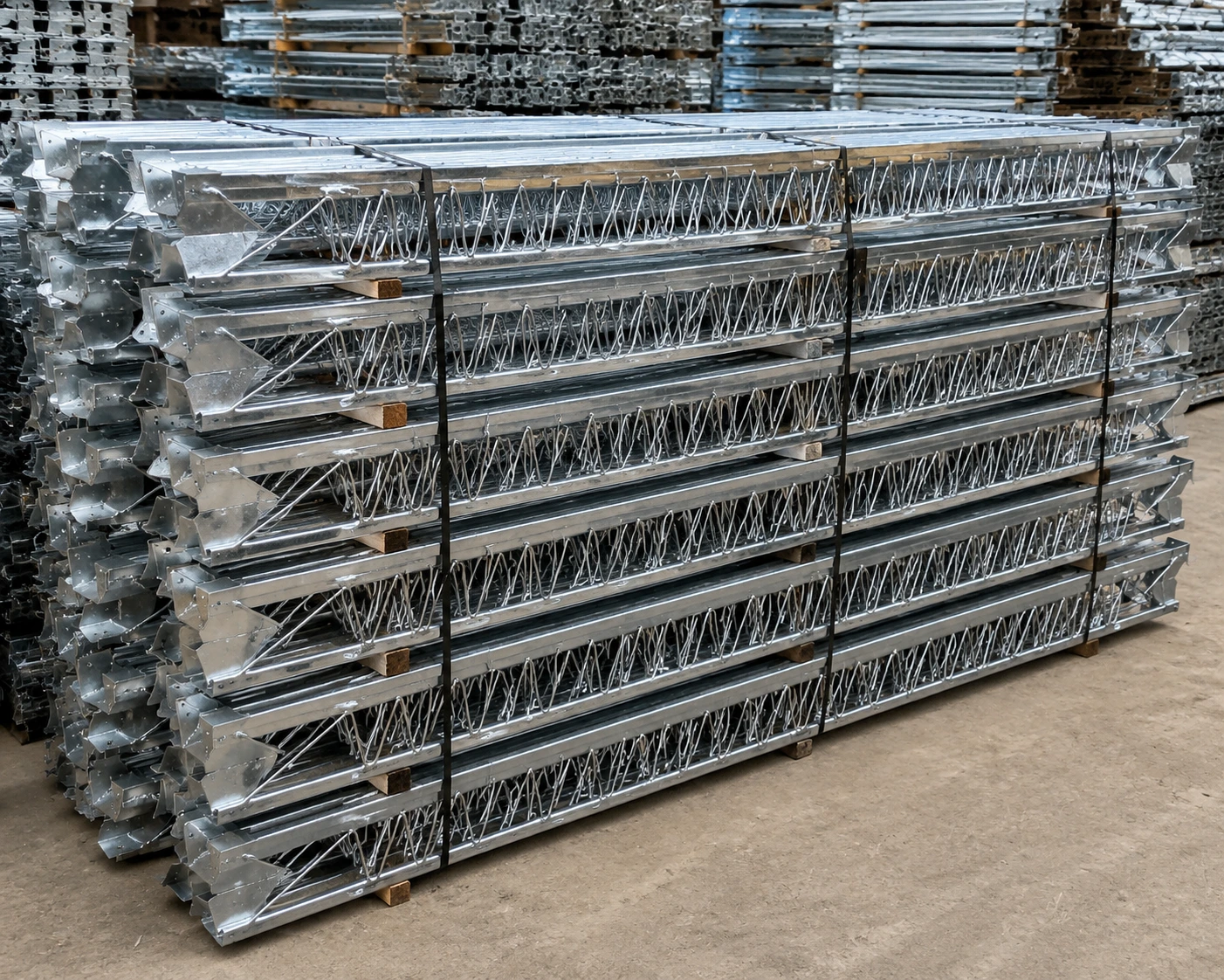 Bulk stack of galvanized adjustable telescopic spans neatly bundled and stored in an industrial warehouse for construction applications.
