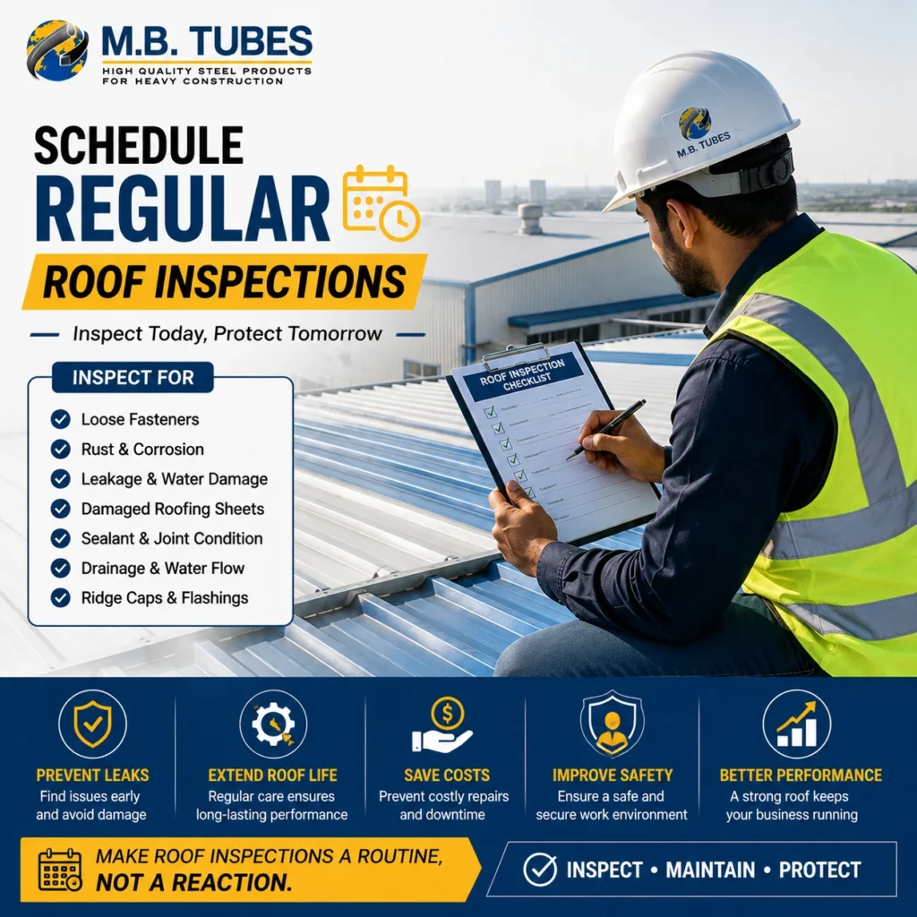 Industrial worker inspecting factory roofing sheets with a checklist to identify leaks, corrosion, loose fasteners, and roof damage.