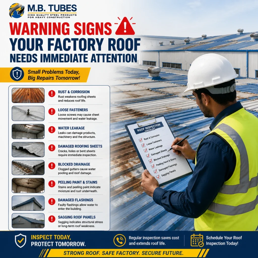 Industrial worker inspecting damaged factory roofing sheets showing rust, leakage, corrosion, and maintenance issues.