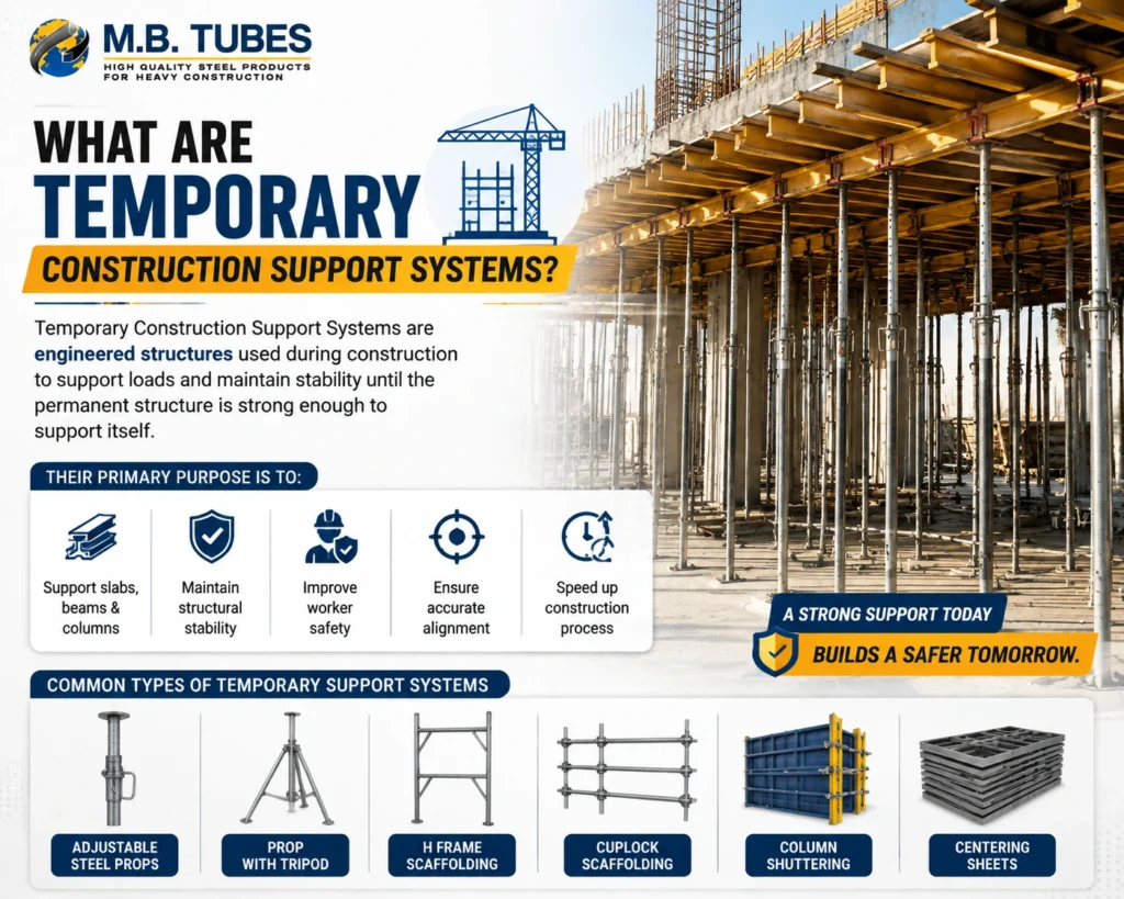 Temporary construction support systems including adjustable steel props, H Frame scaffolding, Cuplock scaffolding, tripod props, column shuttering, and centering sheets used for multi-storey building construction.