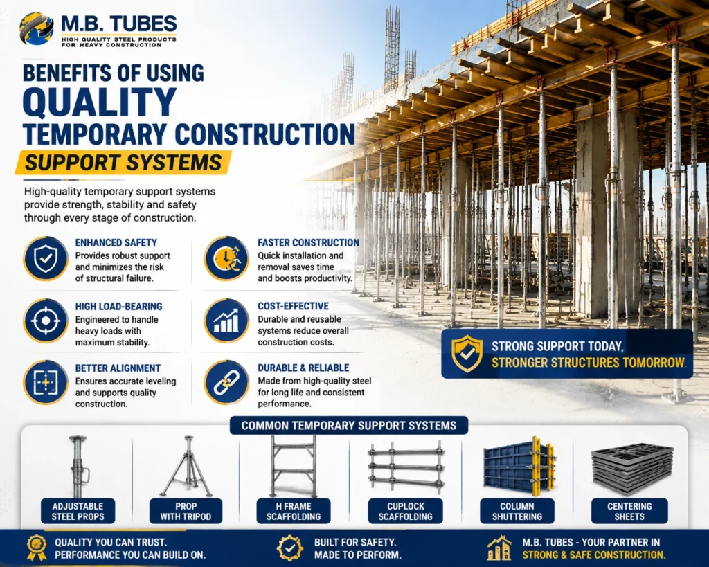 Quality temporary construction support systems including steel props, H frame scaffolding, Cuplock scaffolding, and column shuttering used for safe building construction.