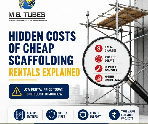Construction scaffolding with hidden rental costs including extra charges, project delays, repair expenses, and higher overall costs.
