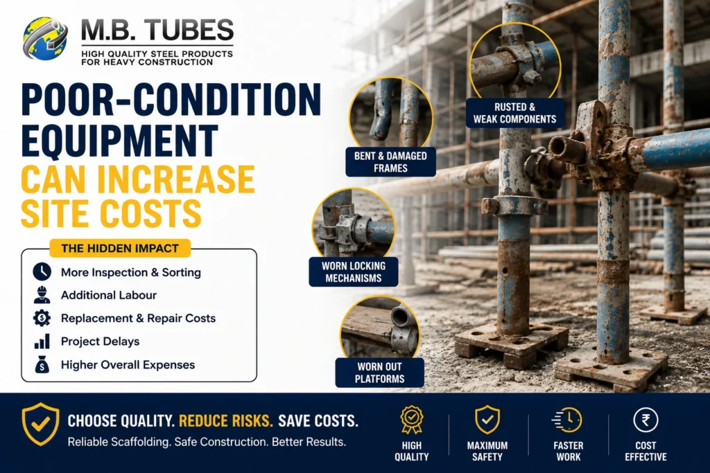 Damaged and rusted scaffolding equipment showing poor condition components that can increase construction site costs and safety risks.