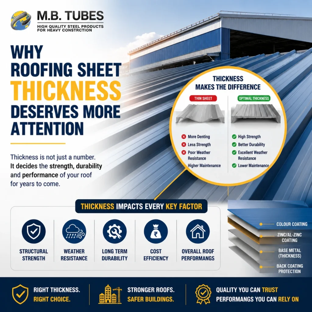 Industrial colour coated roofing sheets showing why correct roofing sheet thickness is important for strength, durability, weather resistance, and long-term performance.