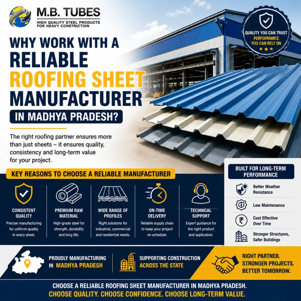 Industrial roofing sheets and manufacturing facility highlighting the benefits of choosing a reliable Roofing Sheet Manufacturer in Madhya Pradesh.
