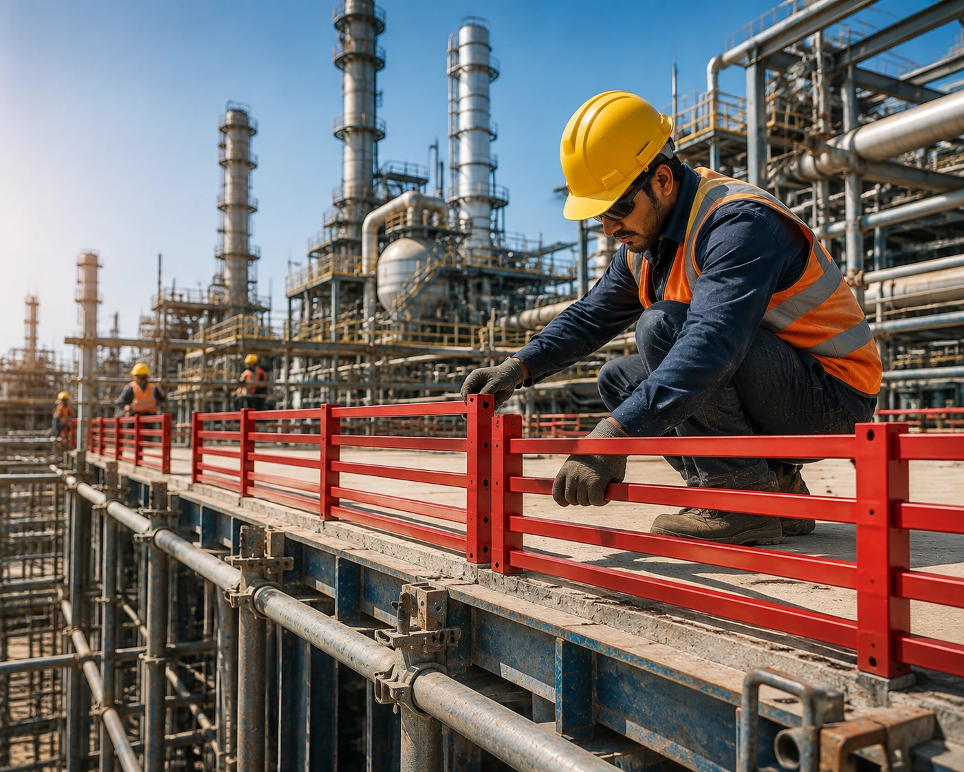 Industrial scaffolding solutions installed at Pithampur construction projects with professional workers
