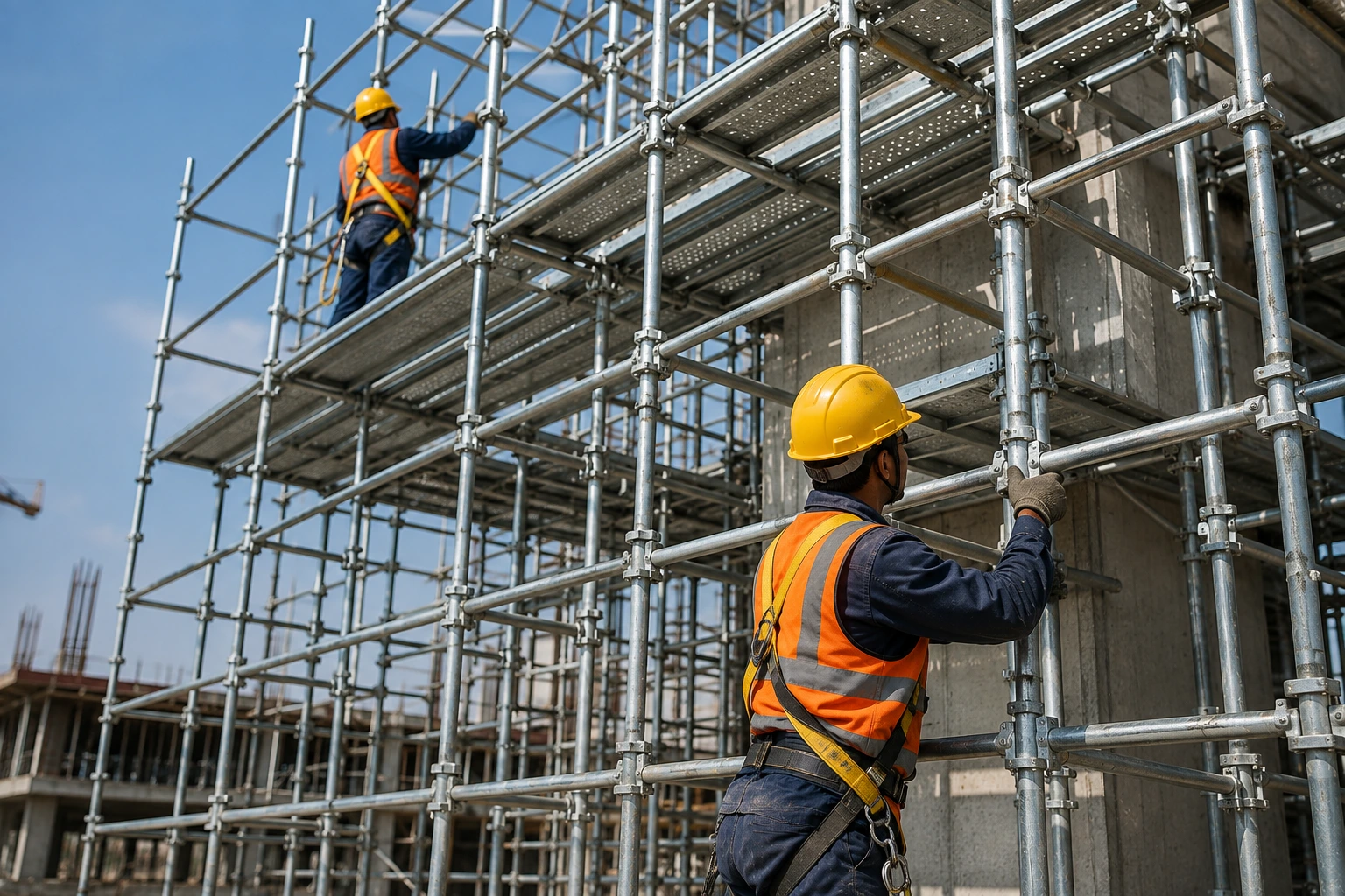 Cuplock scaffolding system installed at a construction site with workers using steel scaffolding for safe structural access.