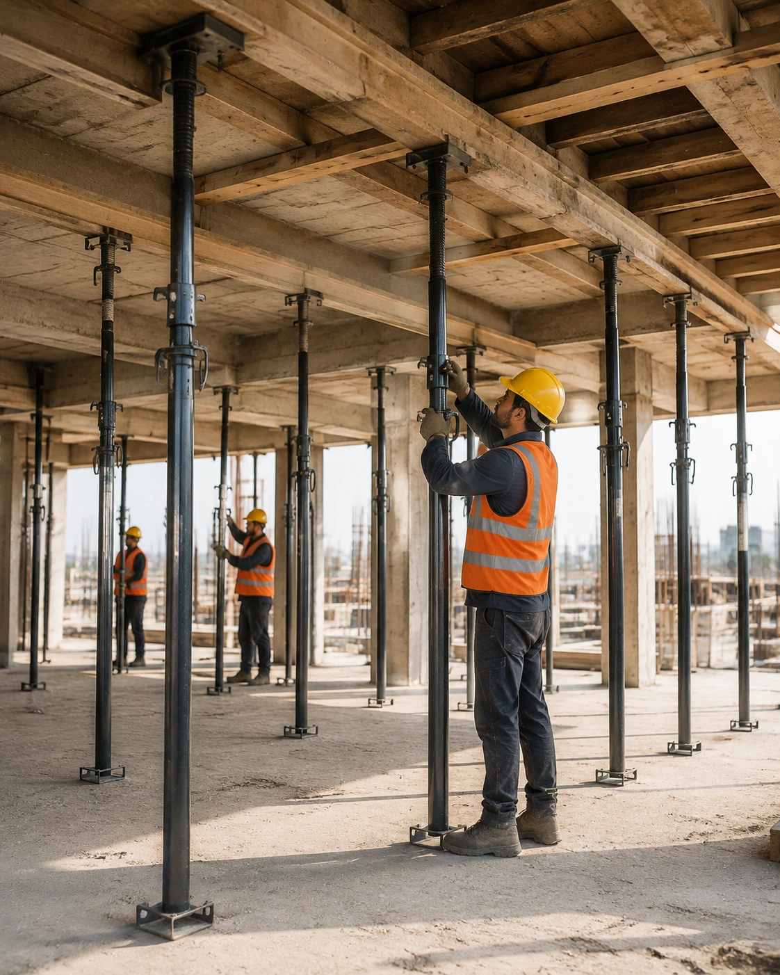 Adjustable steel props used for concrete slab support with construction workers at a building site.