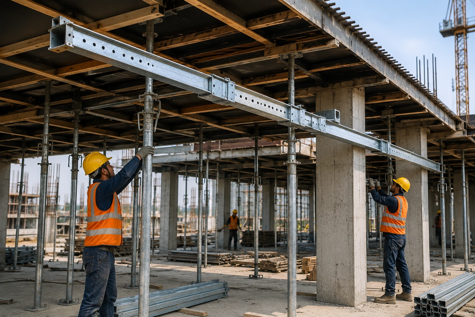 Adjustable telescopic spans installed with steel props for concrete slab support at a construction site.