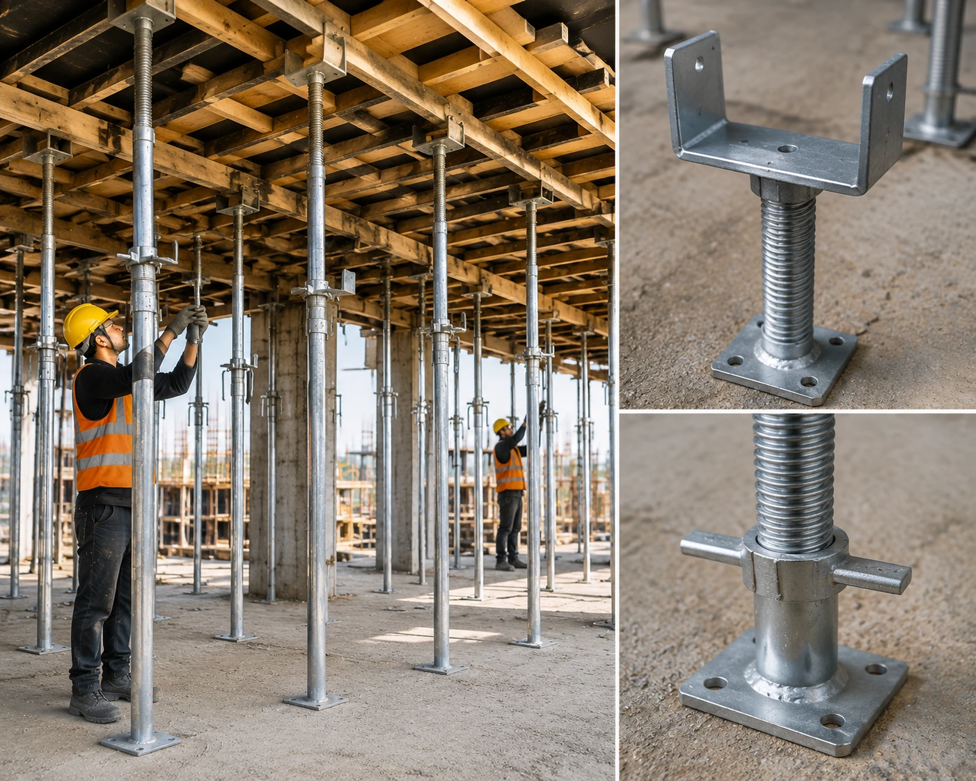 Heavy-duty base jacks and U-head jacks used with scaffolding systems for construction formwork support.