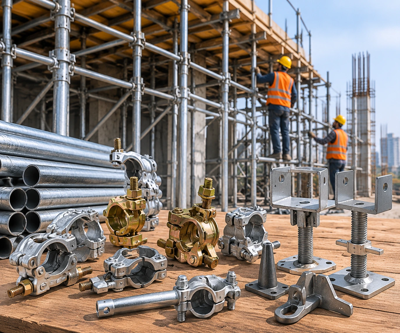 Heavy-duty scaffolding couplers and accessories used with steel scaffolding systems at construction sites.