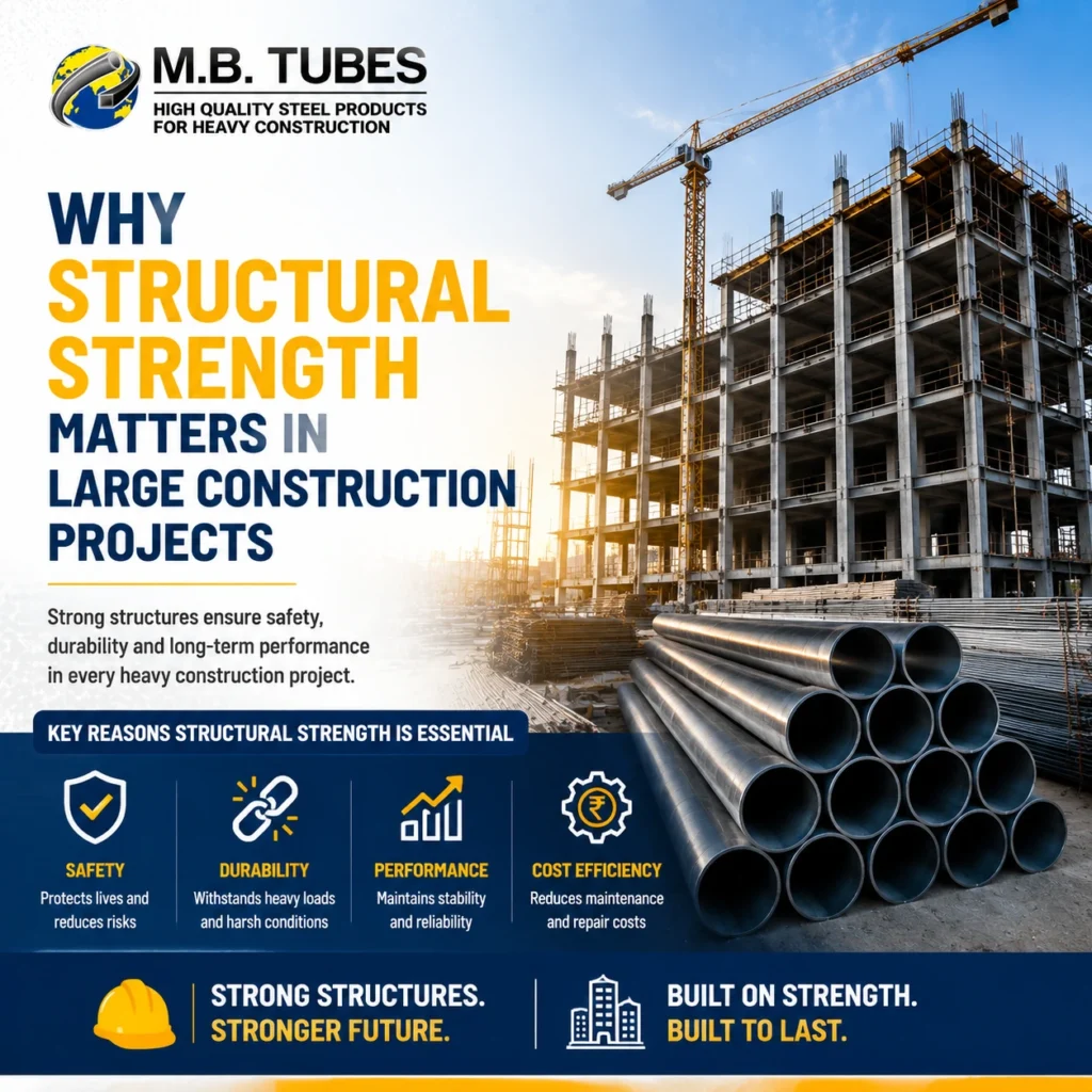 Large construction project showing steel structures and steel pipes highlighting the importance of structural strength, safety, and durability.