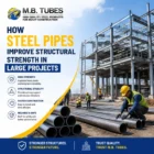 Industrial construction site showing steel pipes used for structural support in large projects and heavy construction applications.